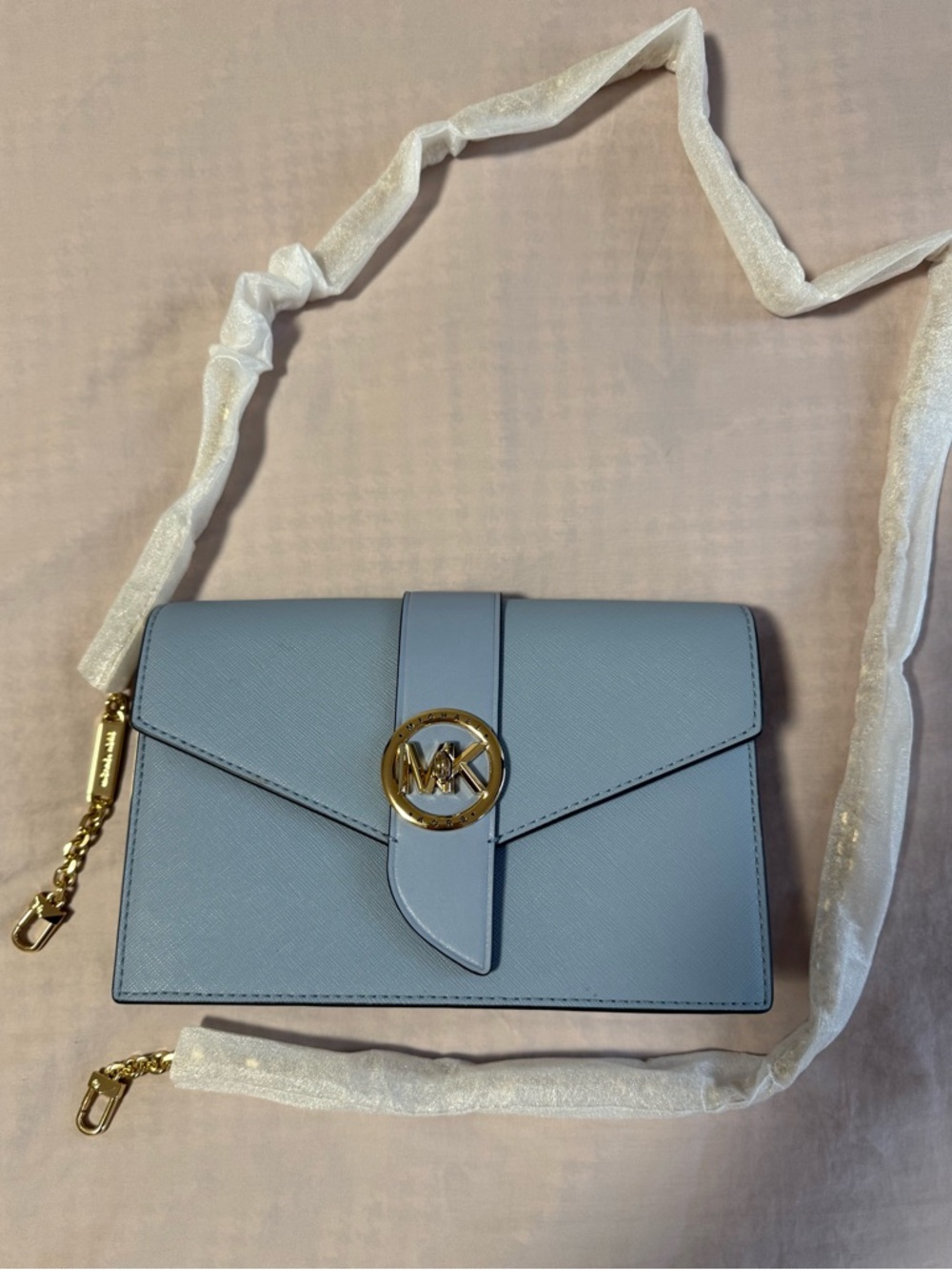 Michael Kors Powder Blue Saffiano Leather Crossbody with Gold Logo mini bag